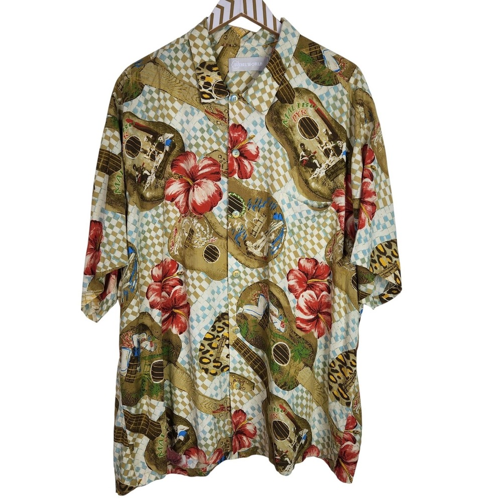 JAMS WORLD Shirt Mens‎ XXL Hibiscus Ukulele Hawaiian Button USA M630RE-HIUK